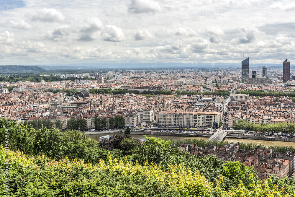 Panoramic aerial view of Lyon city. Rhone-Alpes, France.