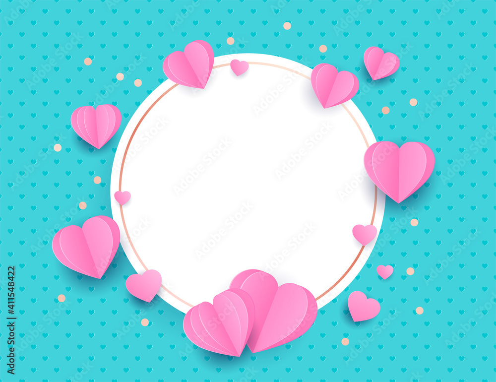 Vector greeting template card. Decorative paper cut heart. Romantic love pink and mint color background, poster, banner. Place for text. Paper craft digital art Vector greeting template card. Decorative paper cut heart. Romantic love pink and mint color background, poster, banner. Place for text. Paper craft digital art