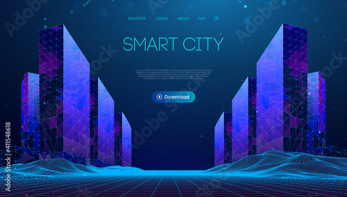 Wireframe landscape with Smart city. Technology background blue in low poly style. Data security 3d vector background. Global social network connection.