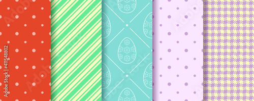 Eggs, Gingham, Polka Dot and Striped pattern designs collection. Easter seamless Patterns set. Endless texture for web, picnic tablecloth, wrapping paper. Pattern templates in Swatches panel.