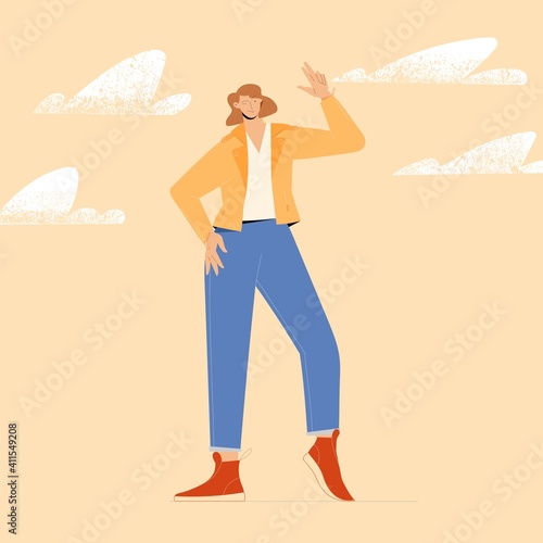 Young woman wearing fashionable clothes, standing and smiling. Vector illustration of full body person.