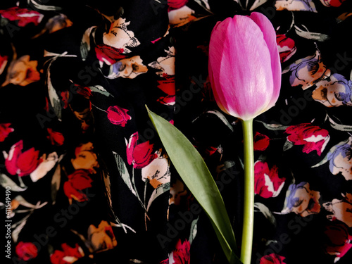 un bel tulipano rosa su sfondo telato fiorato photo