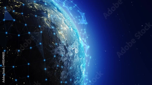 4k Beautiful sunrise futuristic world skyline. Planet digital earth from space. Planet digital earth rotating animation. Clip contains space, planet, galaxy, stars, cosmos, sea, earth, sunset, globe. 