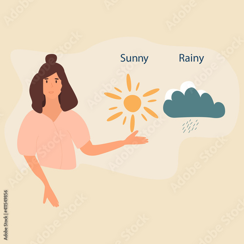 Weather forecasting and meteorology concept. A cute young smiling weather news reporter telling viewers about the upcoming weather.  Flat vector illustration.