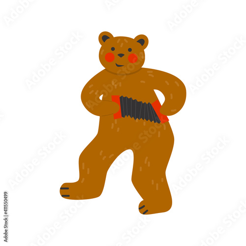 Bear with accordion - symbol of the traditional holiday carnival about Russian Pancake week. Translation Shrovetide or Maslenitsa. Spring festival. Flat vector illustration