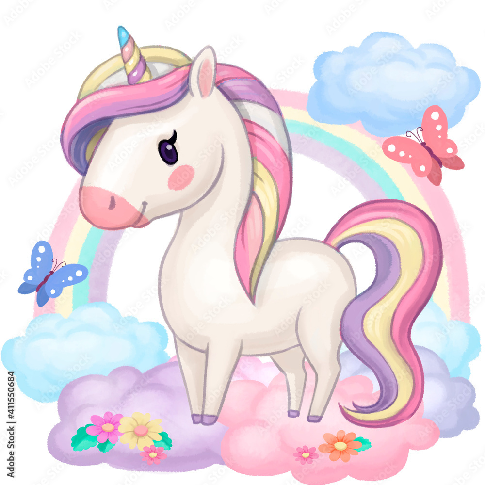 cute drawing of unicorn in the clouds with flowers isolated on white background cute drawing of unicorn in the clouds with flowers isolated on white background