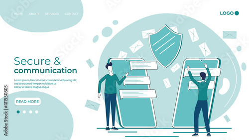 Secure and communication.Safe Use Of Social networks.People on the background of smartphones communicate with each other.Flat vector illustration.The landing page template.