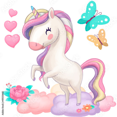 cute drawing of unicorn in the clouds with flowers isolated on white background