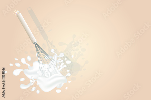 The whisk whips up the cream. Splashes and drips are white. Empty space for text