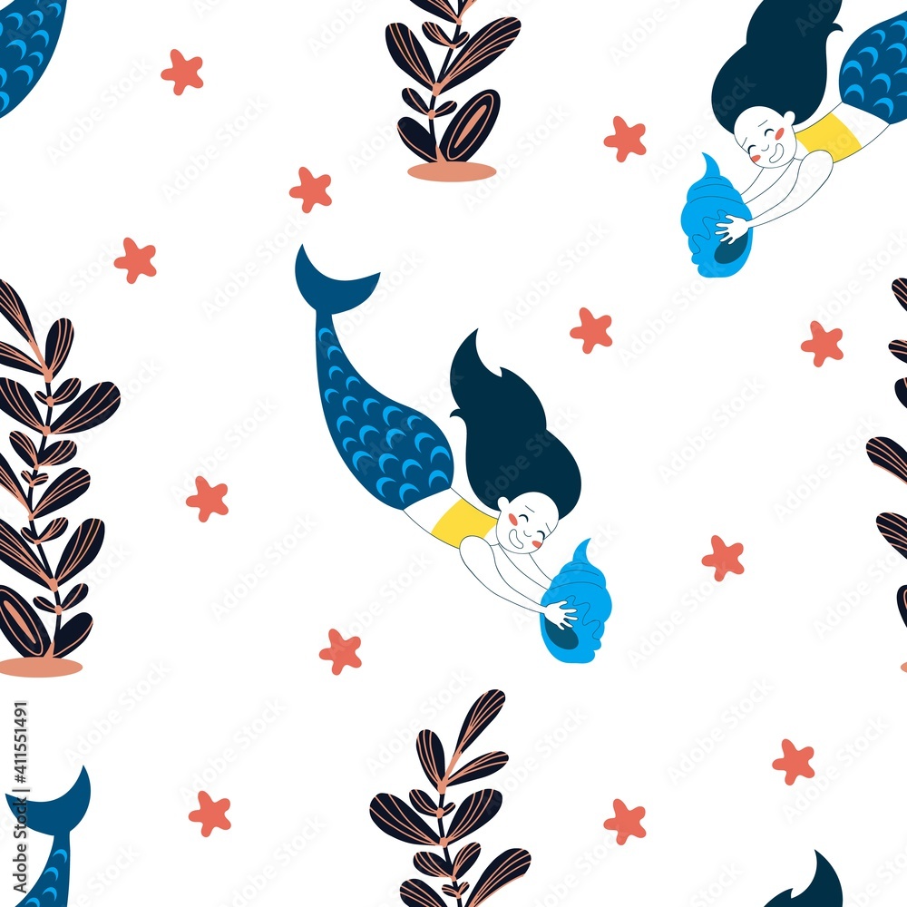 Fototapeta premium Cute cartoon style vector mermaid seamless pattern. Simple shapes and easy tu use. Good for kids fashion, fabric and textile design, bedding, wallpaper, wrapping paper, backdrop, baby shower.