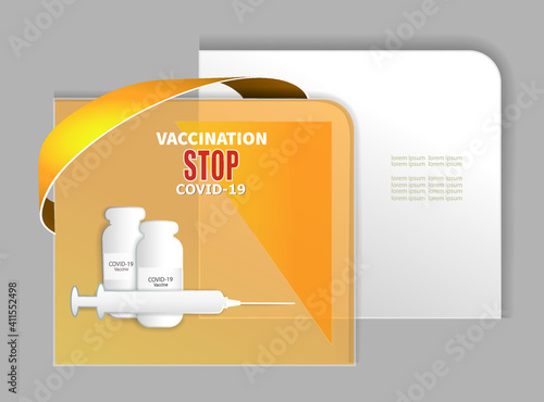 Coronavirus vector background in yellow-gray tones with syringe and vaccine bottles. Vector illustration to popularize Covid-19 vaccination. 