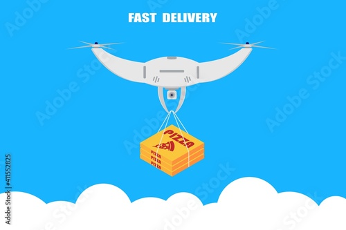 Fast drone delivery of pizza, food delivery concept illustration, drone control, delivery anywhere in the city. Vector EPS10