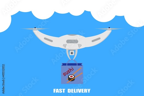 Fast drone delivery sushi in a package, food delivery concept illustration, drone control, delivery anywhere in the city. Vector EPS10