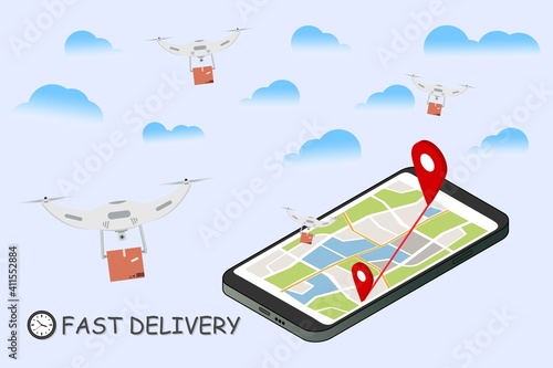 Fast delivery of parcels by drones, concept of modern delivery of boxes illustration, control of a drone, delivery to anywhere in the city. Vector EPS10