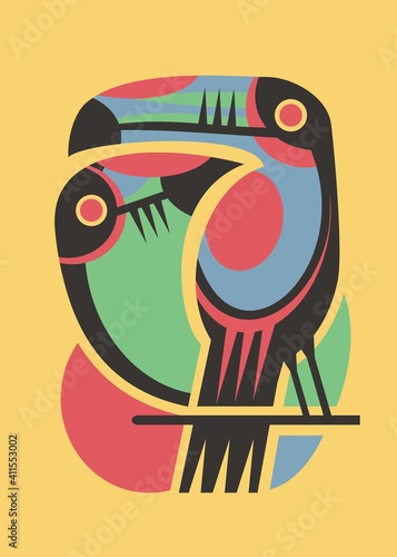 T shirt design abstract contemporary style print template with tropical summer birds. Colorful toucans apparel layout. Vector image tee decor idea. 