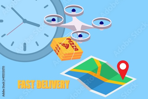 Fast drone delivery of pizza, food delivery concept illustration, drone control, delivery anywhere in the city. Vector EPS10