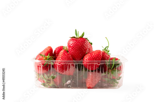 Canvastavla Strawberry In Plastic Container Isolated On White Background