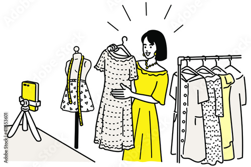 Vector character of pretty woman showing and selling her clothes with vlog live streaming online via her smartphone. Outline, linear, thin line art, hand drawn sketch design, simple style.