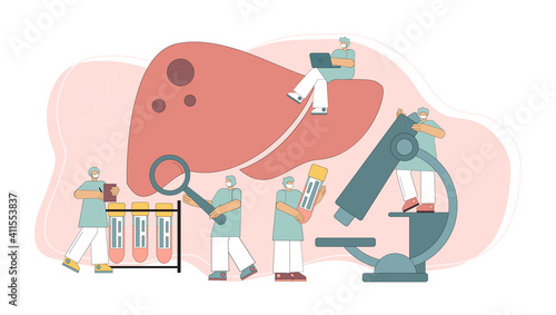 Medical diagnostics and treatment of the liver. Doctors take care of the patient with liver disease. Hepatitis A, B, C, D, cirrhosis. Vector illustration.