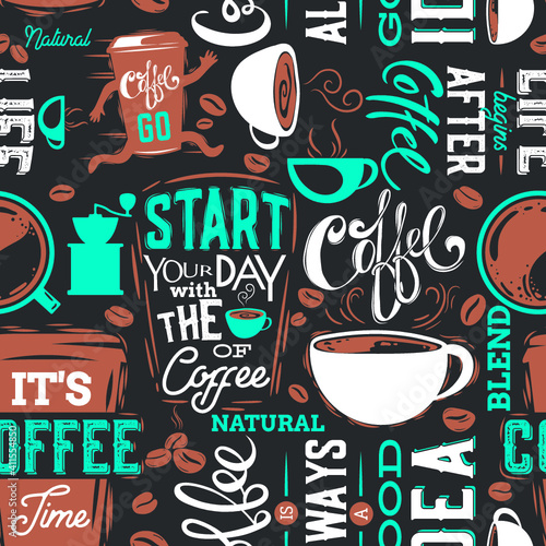 Coffee elements seamless pattern. Vector illustration.