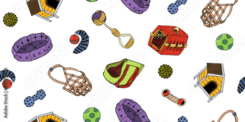 Vector seamless illustration with a set for dogs. Color image of things for dogs. Isolated linear items of toys and dog houses.
