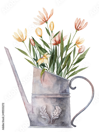 Watercolor illustration of floral bouquet in the vintage watering can