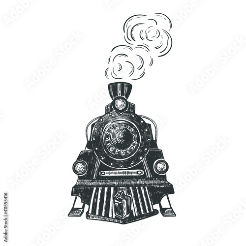 Handrawn vintage train isolated on white. Vector illustration.