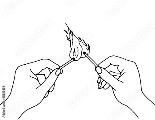 Two hands with sunbathing matches. Hand-drawn contour in doodle style on a white background. Vector illustration.