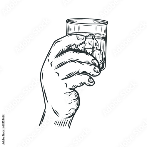 Hand holding glass of whiskey isolated on white. Vector illustration.