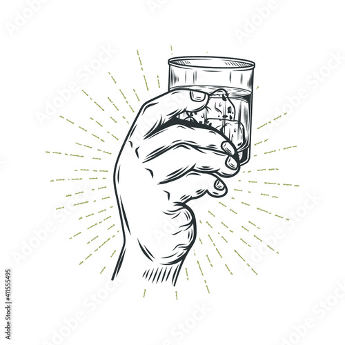 Hand holding glass of whiskey isolated on white. Vector illustration.
