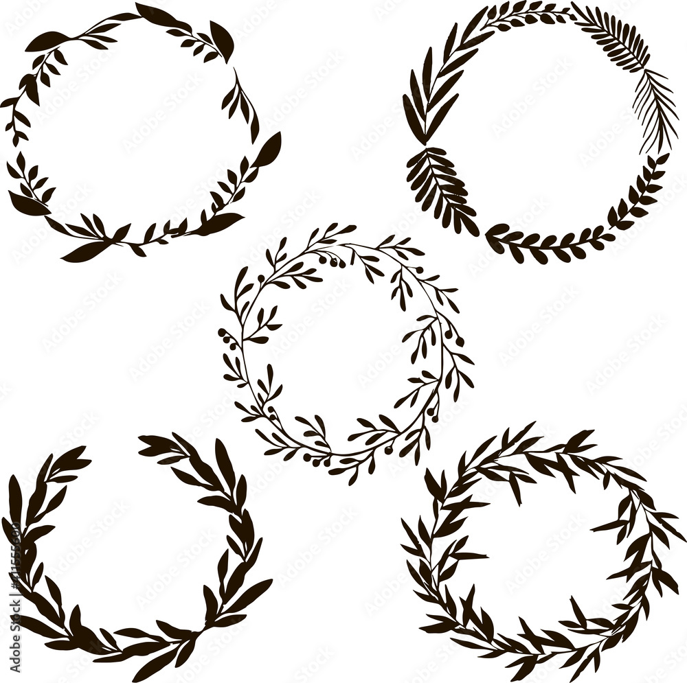 Set of spring wreaths of olive branches with olives, willow branches and various plants. The technique silhouette. The color is black.