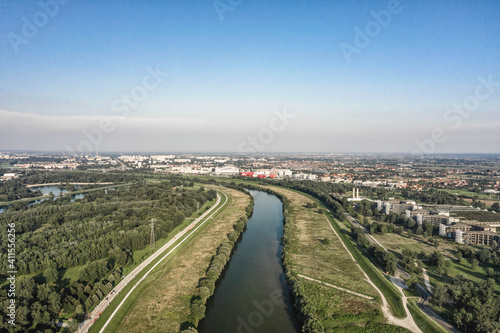 Aerial drone shot of Sava river near Jarun lake in southeast Zagreb in Croatia
