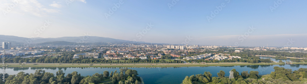 Aerial panoramic drone shot of lake Jarun in southeast Zagreb in Croatia