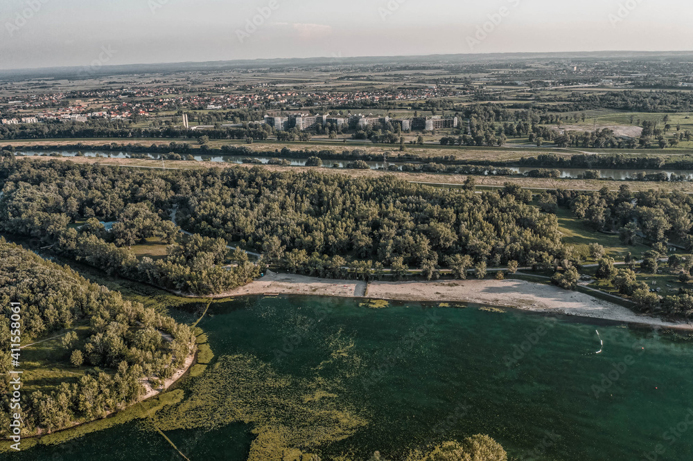 Aerial drone shot of FKK beach at Lake Jarun in southeast Zagreb in Croatia