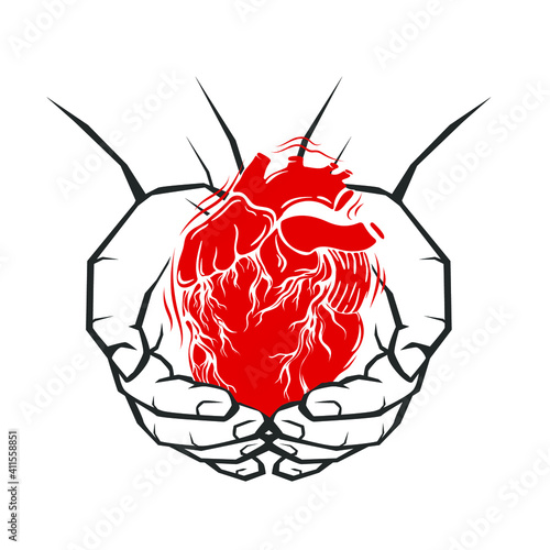 Hands holding red heart isolated on white. Vector illustration.