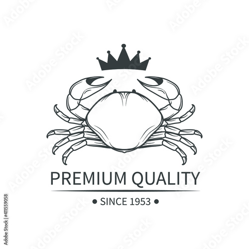 Vintage seafood logo with crab isolated on white. Vector illustration.