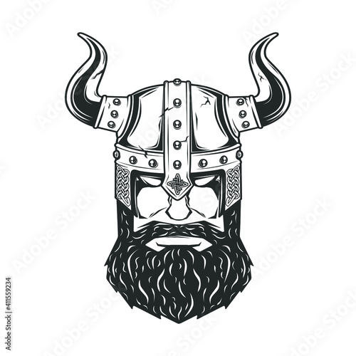 Viking's bearded head with helmet isolated on white.