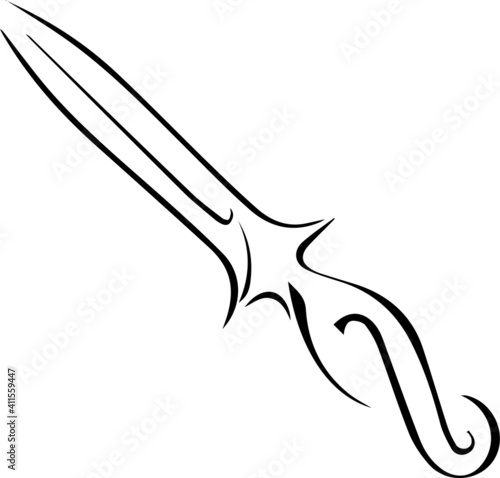 Knife dagger blade with a handle. Hand drawn black outline doodle sketch engraving. Logo tattoo icon. Stock vector illustration isolated on white background.