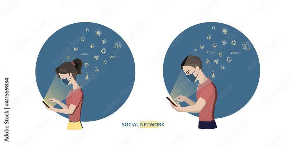 A girl and a guy watch the news about the pandemic on social networks, wearing protective masks. Layout, banner, website. A girl and a guy watch the news about the pandemic on social networks, wearing protective masks. Layout, banner, website.