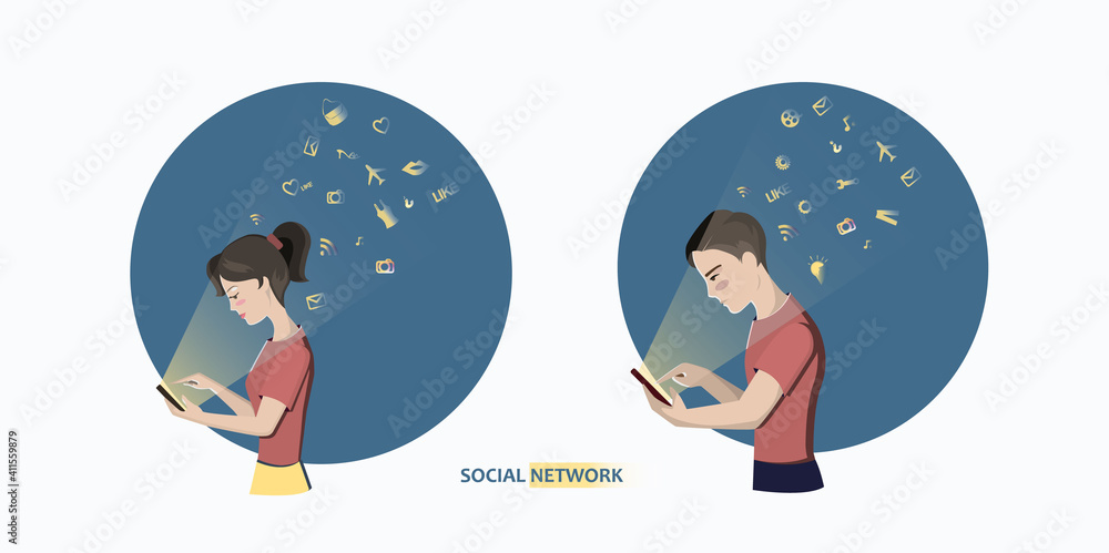 Social network. The guy and the girl look at the phone. They are addicted to social networks. Layout, website, banner.