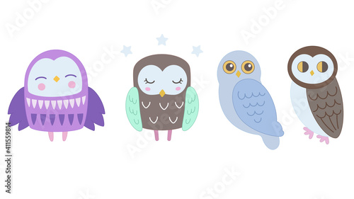 Owls vector cartoon cute bird set owlet character kids animal baby art for children owlish collection isolated on background