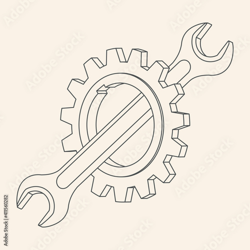 Gear and spanner 3D vector icon. Outline vector illustration on white background.