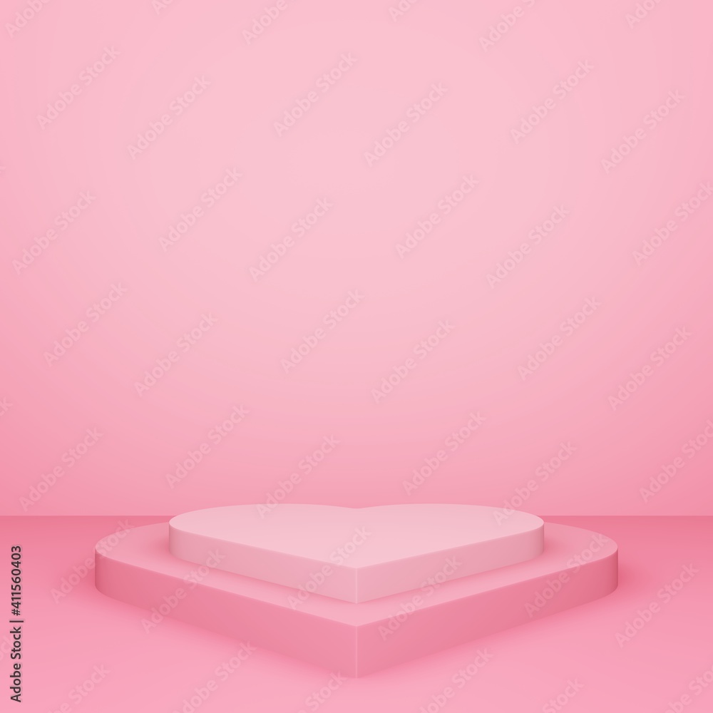 Valentine's day, 3D illustration of heart shaped podium or pedestal with pink empty studio room, product background, mockup for love concept display Valentine's day, 3D illustration of heart shaped podium or pedestal with pink empty studio room, product background, mockup for love concept display