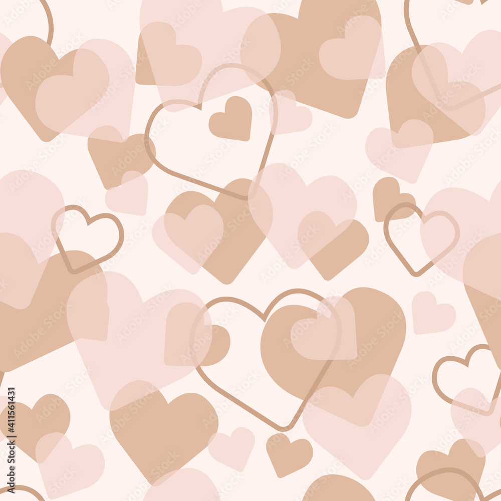 Seamless patterns. Hearts of different sizes isolated on a light background. Shades of pastel colors. Pink and peach. Vector illustration. 