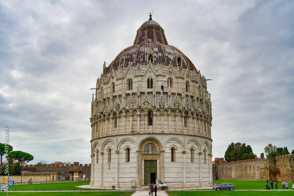 View of the Baptistery from Piazza dei Miracoli Pisa Tuscany Italy