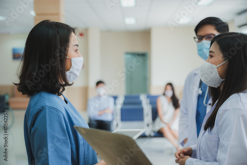 Medical professionals doctor wear surgical masks to prevent the spread of the virus and working in hospital  coronavirus COVID-19 flu protection concept