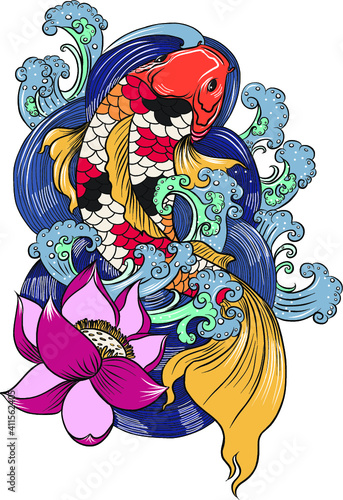 Koi fish with water splash. Koi carp fish tattoo.hand drawn koi fish Dragon head.Japanese Dragon carp line drawing coloring book vector image. Shachihoko or Shachi vector.