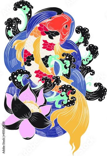 Koi fish with water splash. Koi carp fish tattoo.hand drawn koi fish Dragon head.Japanese Dragon carp line drawing coloring book vector image. Shachihoko or Shachi vector.