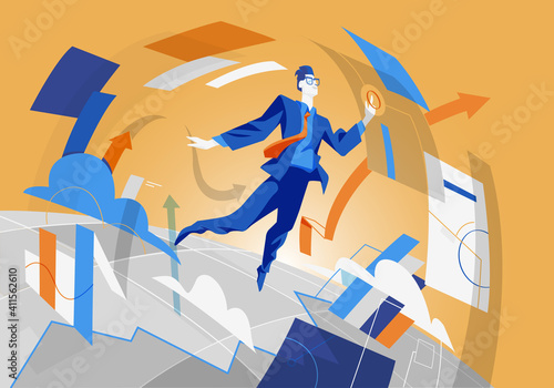 Uomo che interagisce con il flusso di dati e asset digitali che girano intorno al pianeta