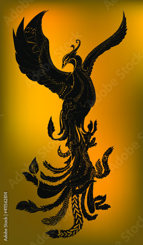 hoenix Fire bird illustration and character design.Hand drawn Phoenix tattoo Japanese and Chinese style,Legend of the Firebird is Russian fairy tales and it is creature from Slavic folklore.